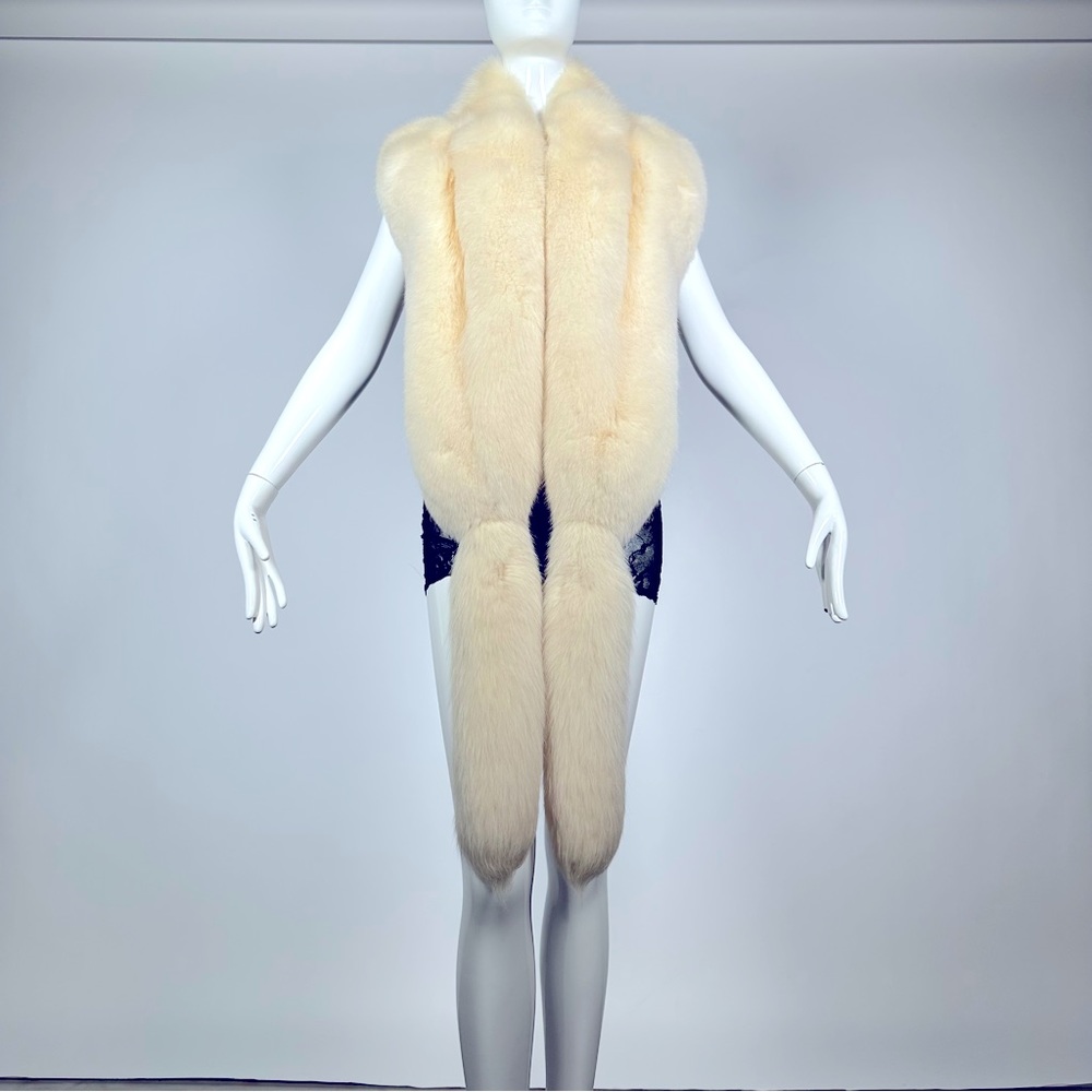 80’s Faux Fur Fox Stole Scarf Wrap Shawl White 47"